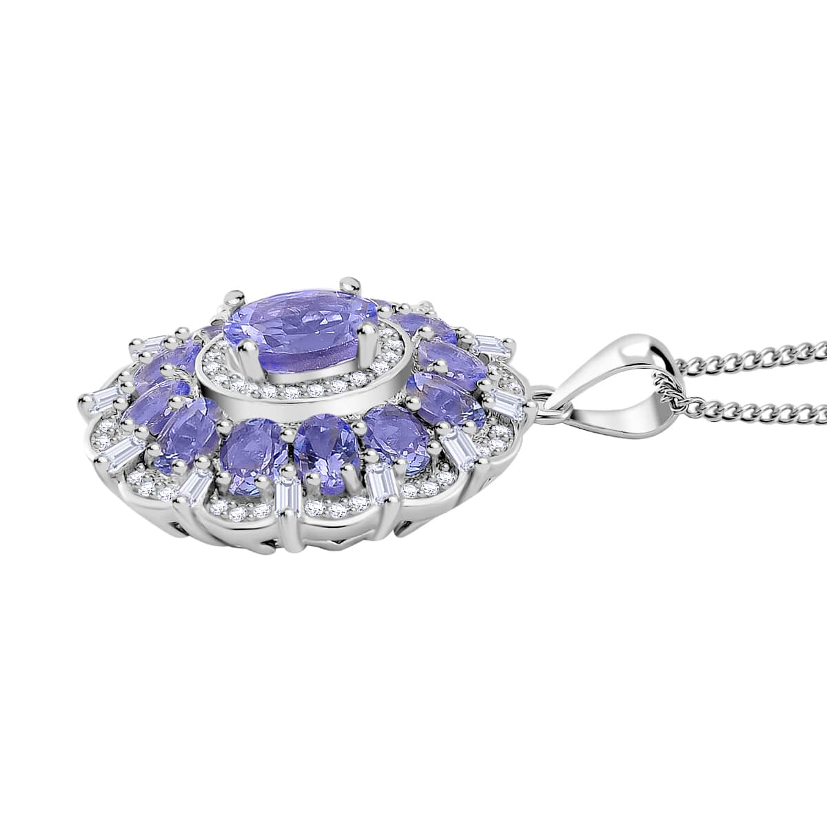 Doorbuster Tanzanite and Moissanite 3.40 ctw Dahlia Floral Pendant Necklace in Rhodium Over Sterling Silver 20 Inches image number 2