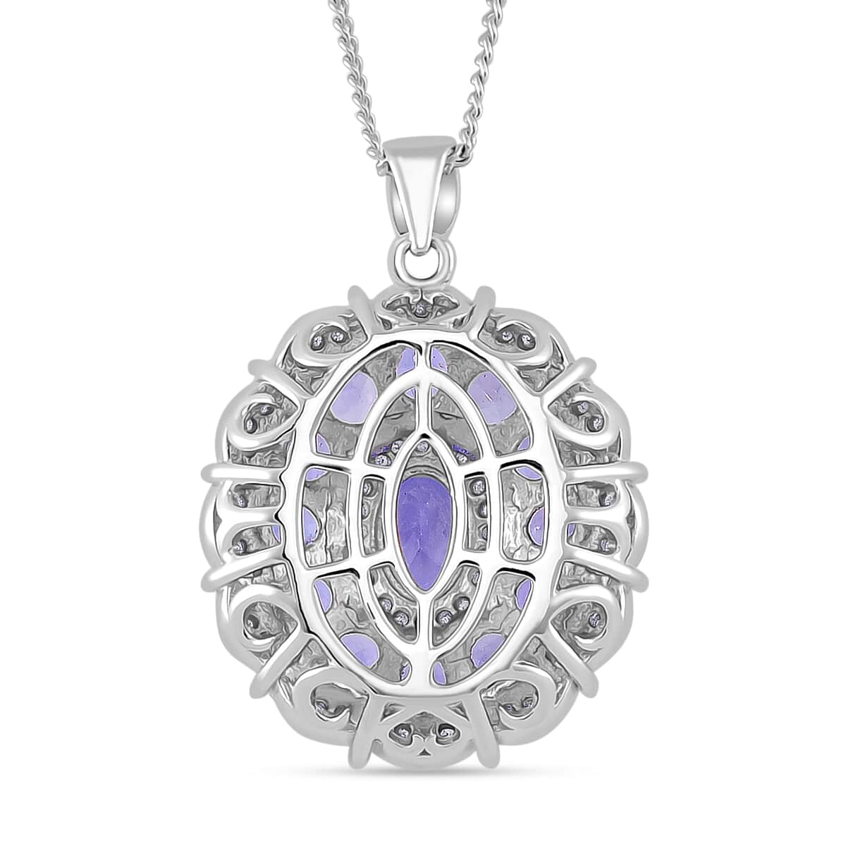 Doorbuster Tanzanite and Moissanite 3.40 ctw Dahlia Floral Pendant Necklace in Rhodium Over Sterling Silver 20 Inches image number 3