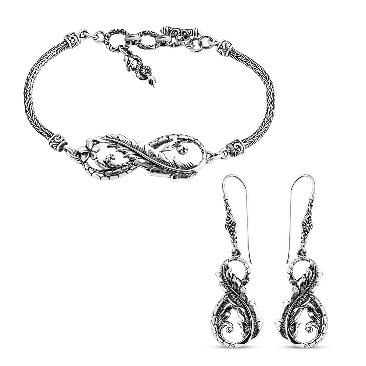 Bali Legacy Set of 2 Leaf with Dragon Sterling Silver Bracelet (8.00In) and Earring 18.00 Grams image number 0