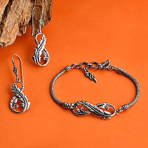 Bali Legacy Leaf with Dragon Bracelet (6.50-8.0In) and Earrings in Sterling Silver 18 Grams
