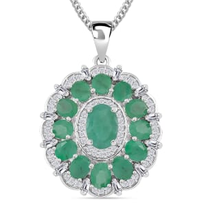 Kagem Zambian Emerald and Moissanite 3.15 ctw Dahlia Floral Pendant Necklace in Rhodium Over Sterling Silver 20 Inches