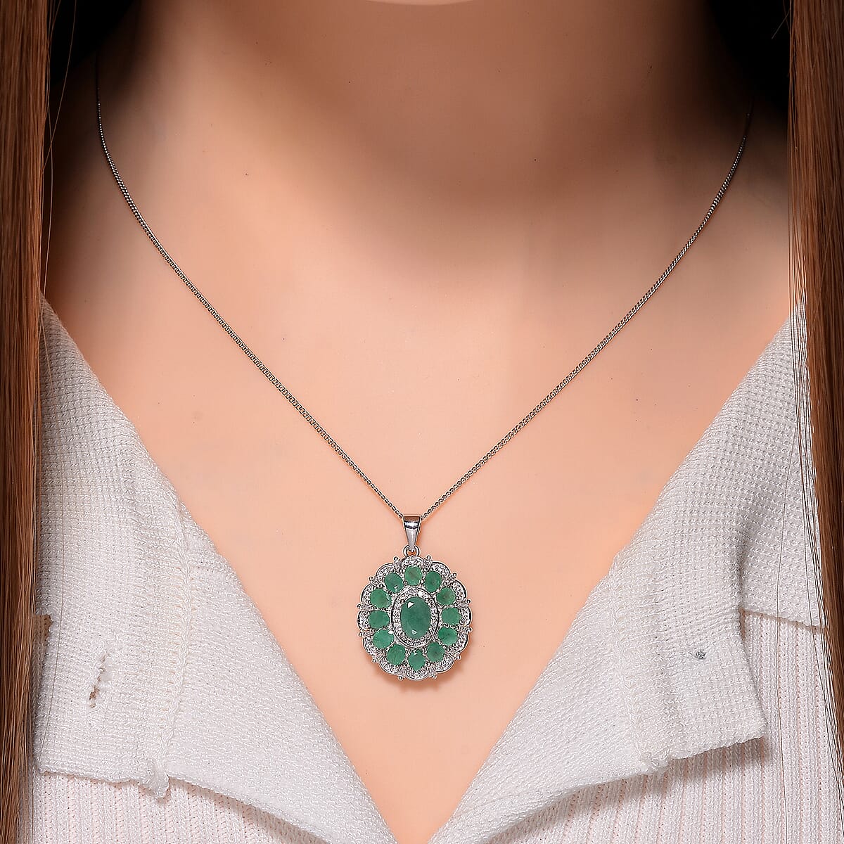 Kagem Zambian Emerald and Moissanite 3.15 ctw Dahlia Floral Pendant Necklace in Rhodium Over Sterling Silver 20 Inches image number 1
