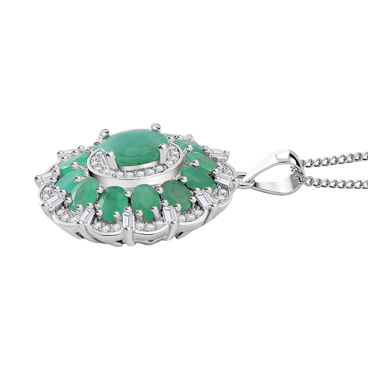 Kagem Zambian Emerald and Moissanite 3.15 ctw Dahlia Floral Pendant Necklace in Rhodium Over Sterling Silver 20 Inches image number 2