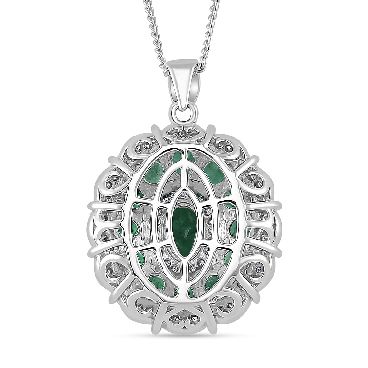 Kagem Zambian Emerald and Moissanite 3.15 ctw Dahlia Floral Pendant Necklace in Rhodium Over Sterling Silver 20 Inches image number 3