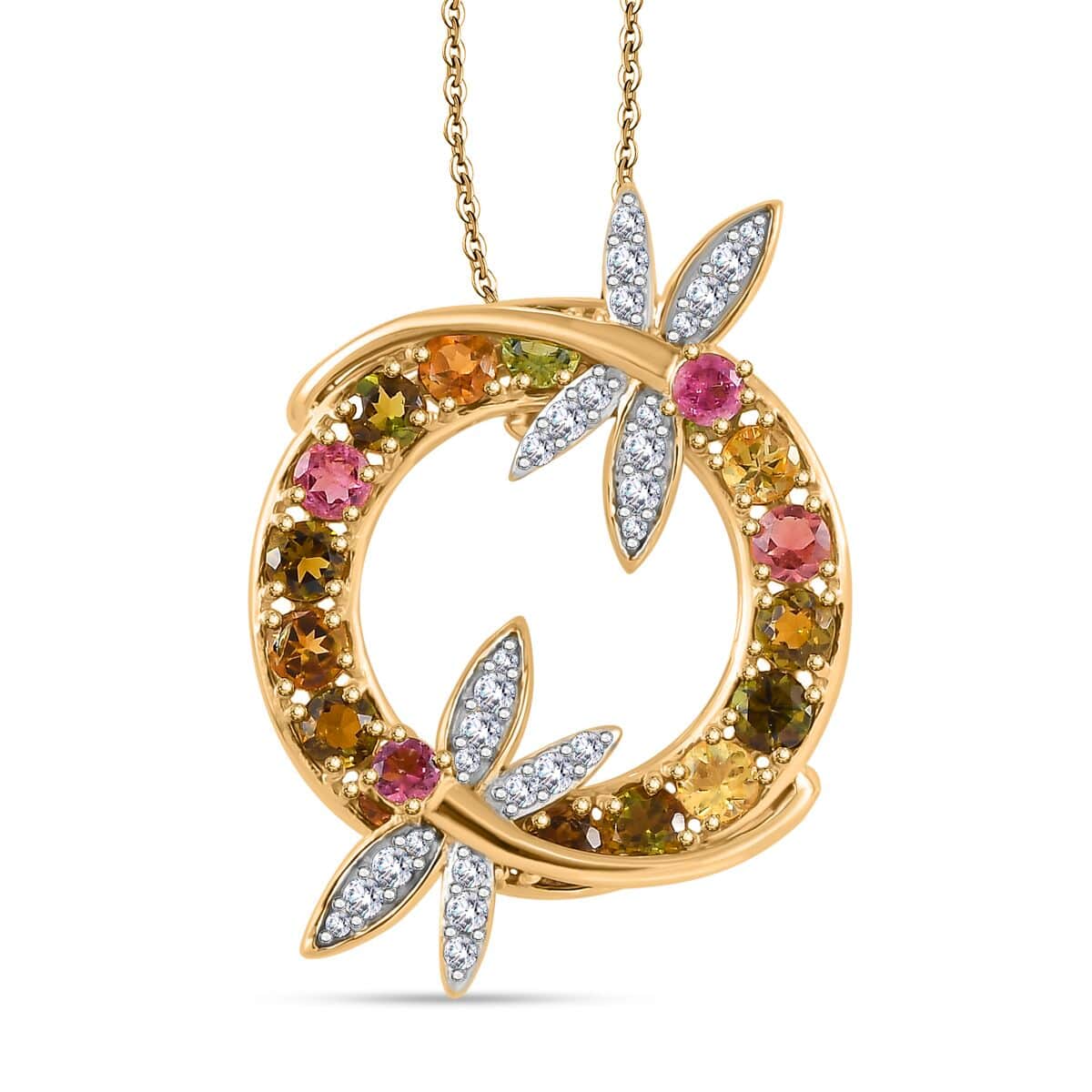 GP Trionfo Collection Multi-Tourmaline and Multi Gemstone 4.10 ctw Rainbow Dragonfly Pendant Necklace in 18K Vermeil Yellow Gold Over Sterling Silver 20 Inches image number 0