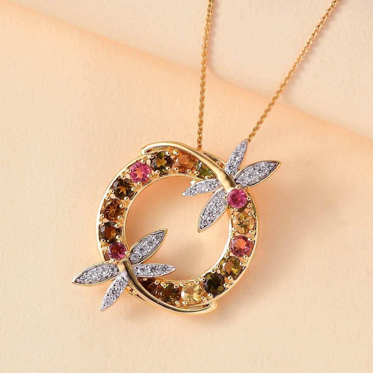 GP Trionfo Collection Multi-Tourmaline and Multi Gemstone 4.10 ctw Rainbow Dragonfly Pendant Necklace in 18K Vermeil Yellow Gold Over Sterling Silver 20 Inches image number 1