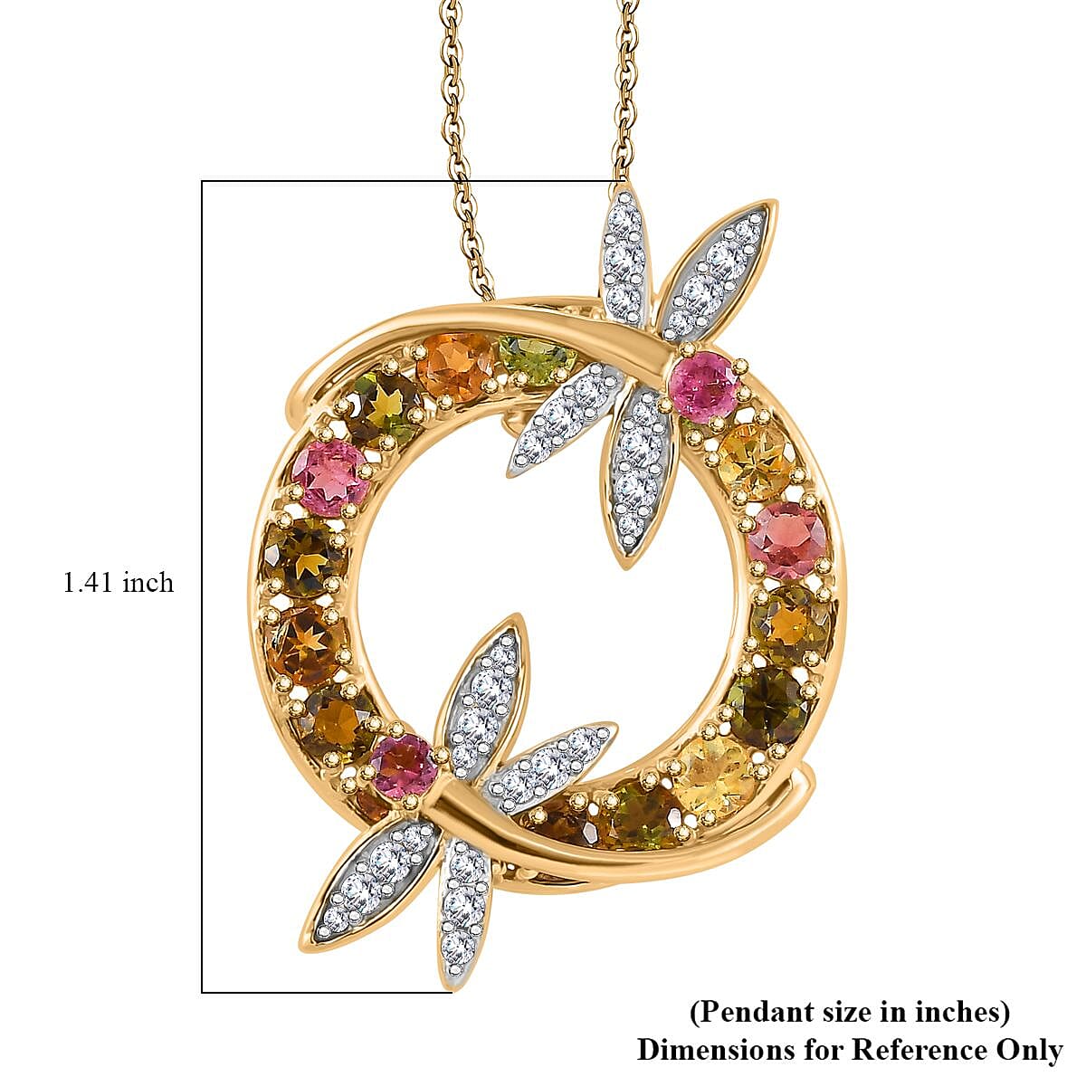 GP Trionfo Collection Multi-Tourmaline and Multi Gemstone 4.10 ctw Rainbow Dragonfly Pendant Necklace in 18K Vermeil Yellow Gold Over Sterling Silver 20 Inches