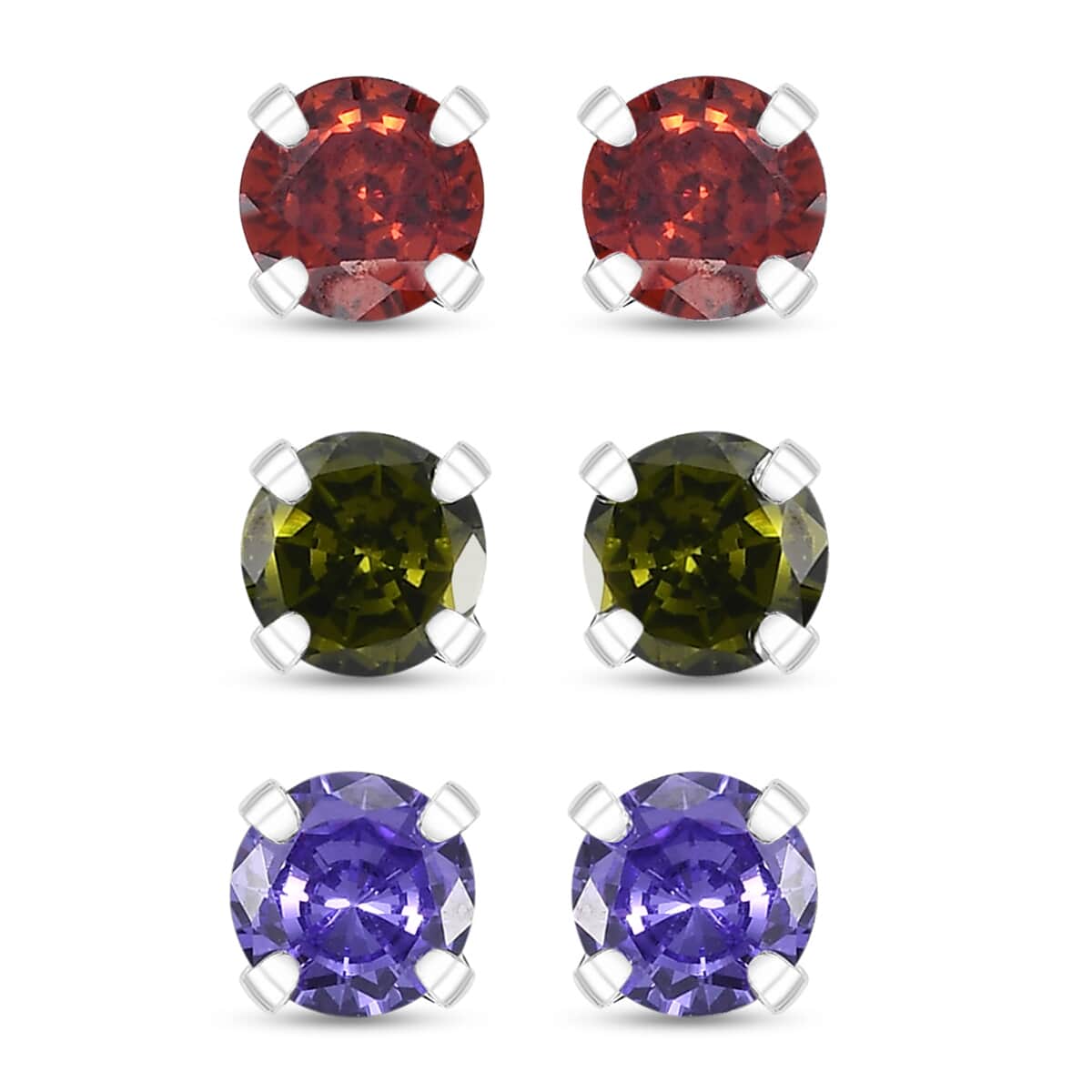 Set of 3 Simulated Purple, Red and Peridot Color Diamond 4.50 ctw Stud Earrings in Sterling Silver  image number 0