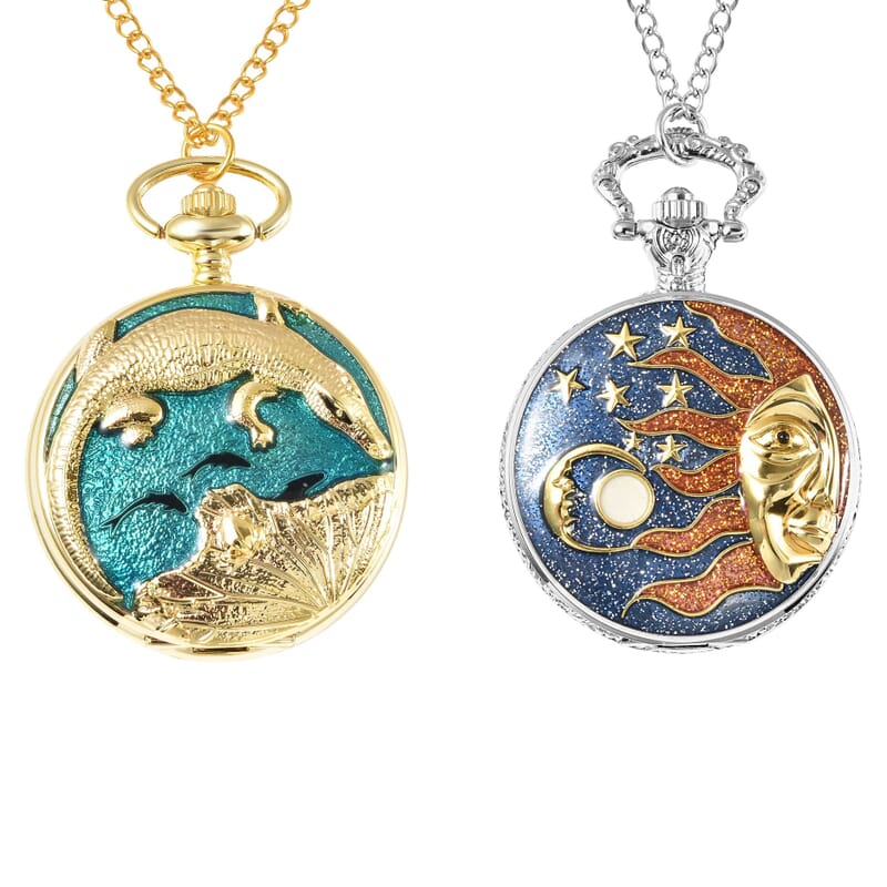 Set of 2 Strada Japanese Movement Crocodile, Lake Green, Black, Sun & Moon Enameled Pattern Pocket Watch With Chain (31 Inches) in Dualtone