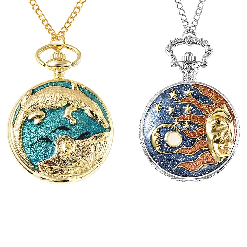 Set of 2 Strada Japanese Movement Crocodile, Lake Green, Black, Sun & Moon Enameled Pattern Pocket Watch With Chain (31 Inches) in Dualtone