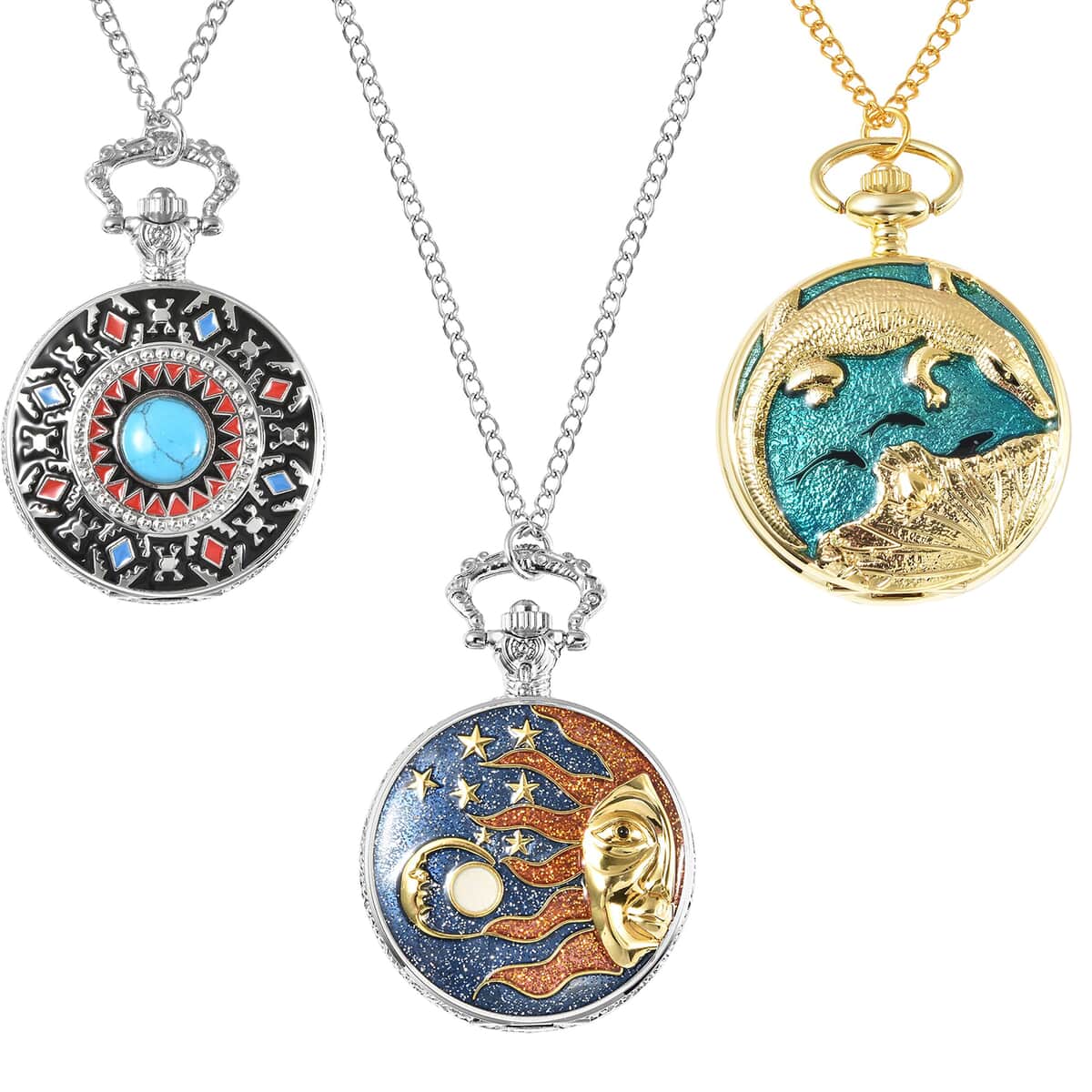 Set of 3 Strada Japanese Movement Blue Howlite, Crocodile, Lake Green, Black, Sun & Moon Enameled Pattern Pocket Watch With Chain (31 Inches) in Dualtone 2.50 ctw image number 0