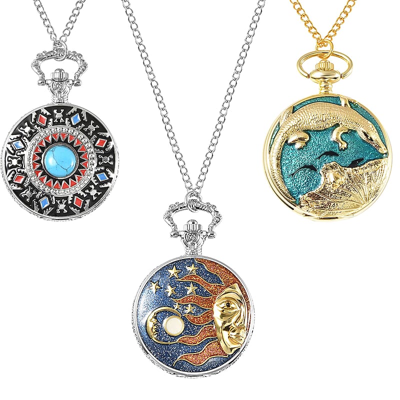 Set of 3 Strada Japanese Movement Blue Howlite, Crocodile, Lake Green, Black, Sun & Moon Enameled Pattern Pocket Watch With Chain (31 Inches) in Dualtone 2.50 ctw