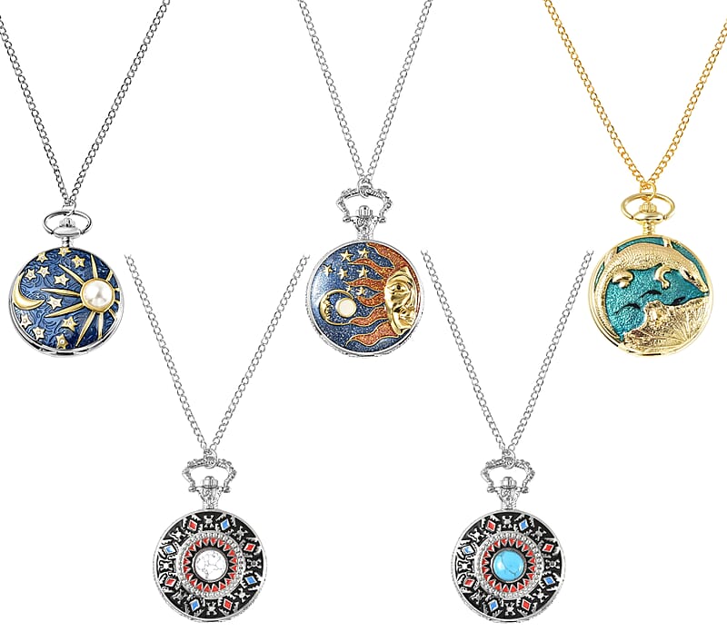 Set of 5 Strada Japanese Movement Blue and White Howlite, Crocodile, Lake Green, Black, Sun & Moon Enameled Pattern Pocket Watch With Chain (31 Inches) in Dualtone 5.00 ctw