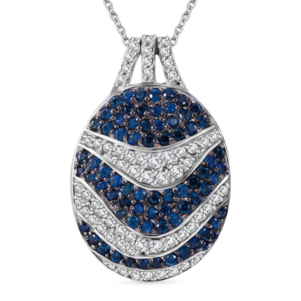 Kanchanaburi Blue Sapphire and White Zircon 2.90 ctw Ocean Waves Pendant Necklace in Rhodium Over Sterling Silver 20 Inches image number 0