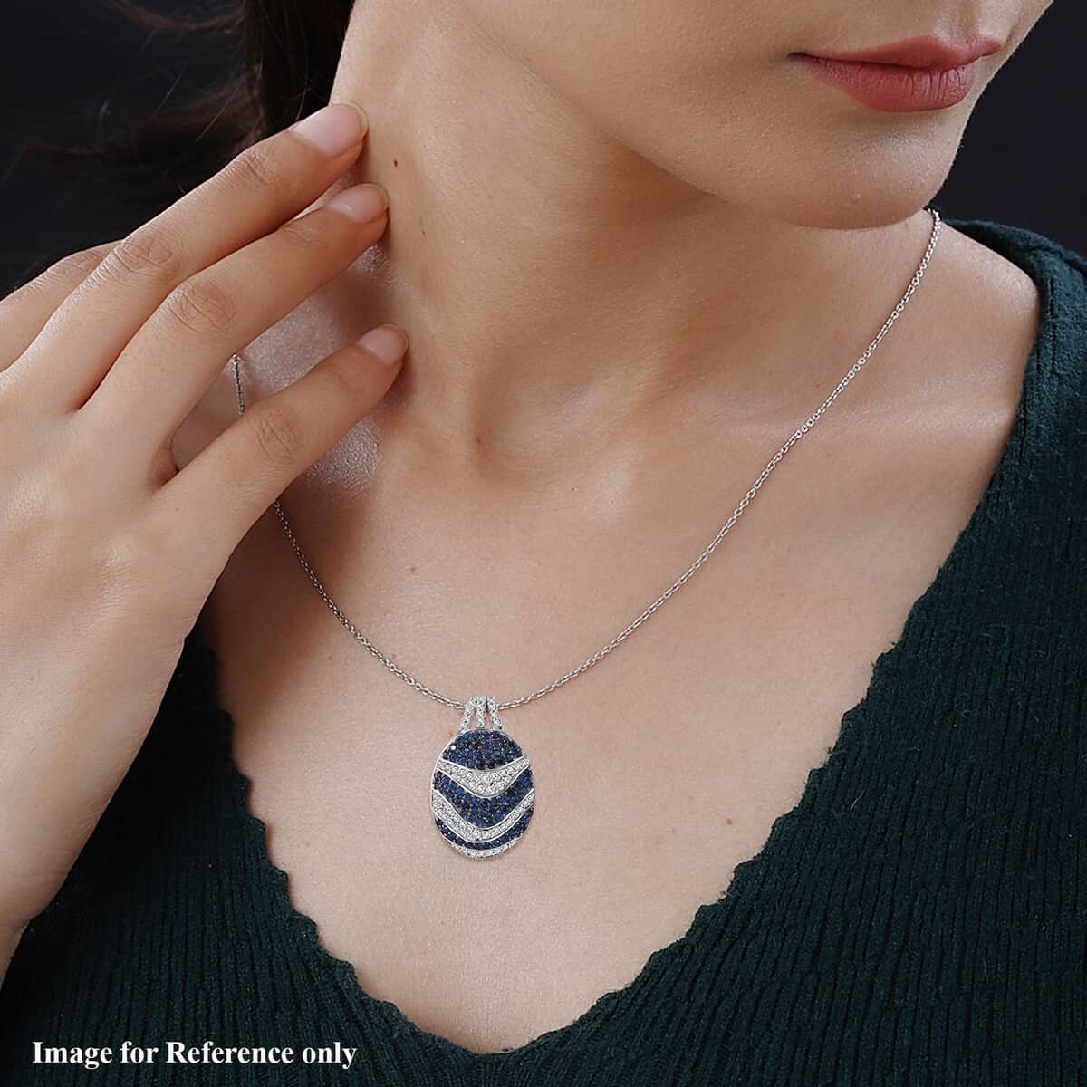 Kanchanaburi Blue Sapphire and White Zircon 2.90 ctw Ocean Waves Pendant Necklace in Rhodium Over Sterling Silver 20 Inches image number 1