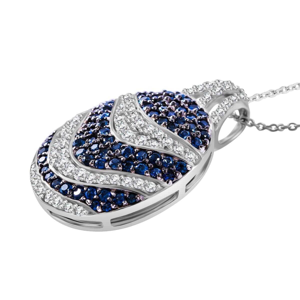 Madagascar Blue Sapphire (DF) and White Zircon 2.90 ctw Ocean Waves Pendant Necklace in Rhodium Over Sterling Silver 20 Inches image number 2