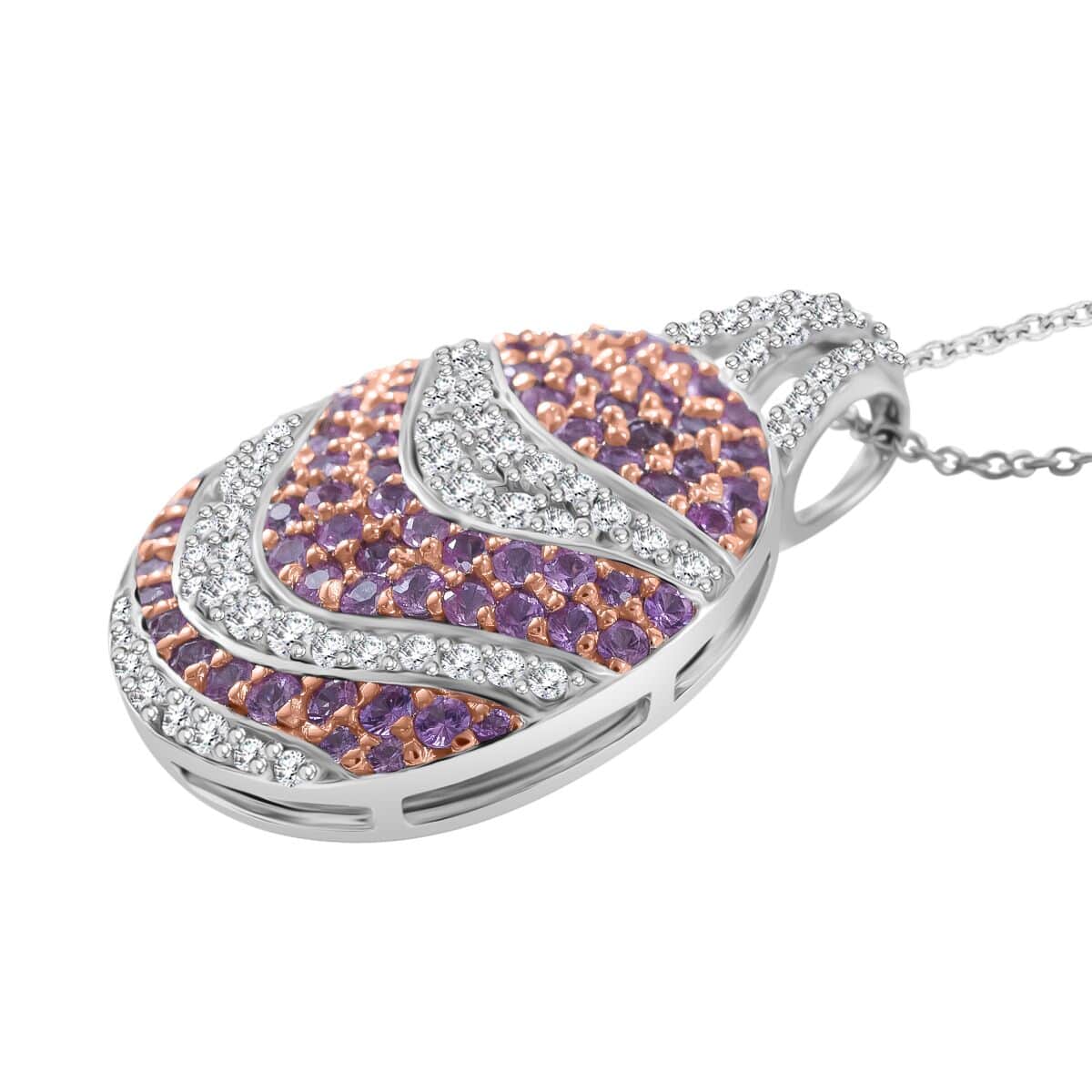 Madagascar Pink Sapphire and White Zircon 3.00 ctw Ocean Waves Pendant Necklace in Rhodium Over Sterling Silver 20 Inches image number 2