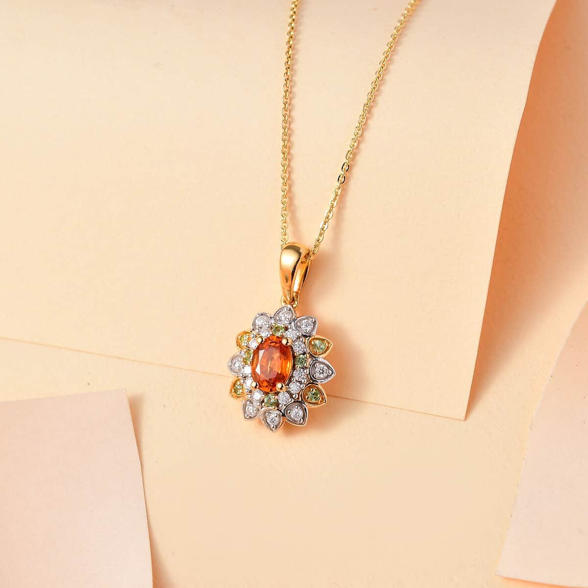 Fanta Garnet and Multi Gemstone 1.60 ctw Sunflower Pendant Necklace in 18K Vermeil Yellow Gold Over Sterling Silver 20 Inches image number 1