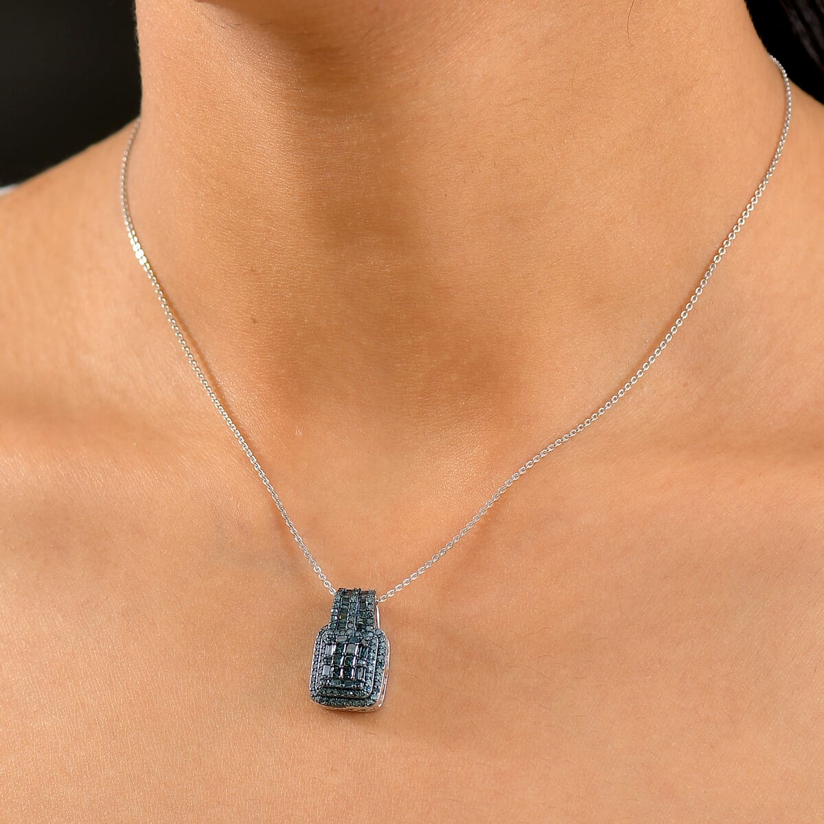 D'Joy Blue Diamond 1.00 ctw Art Deco Pendant Necklace in Rhodium Over Sterling Silver 20 Inches image number 2