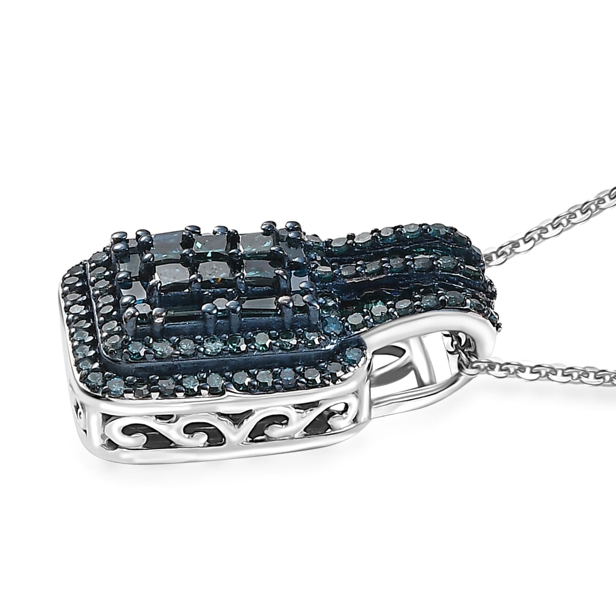 D'Joy Blue Diamond 1.00 ctw Art Deco Pendant Necklace in Rhodium Over Sterling Silver 20 Inches image number 3