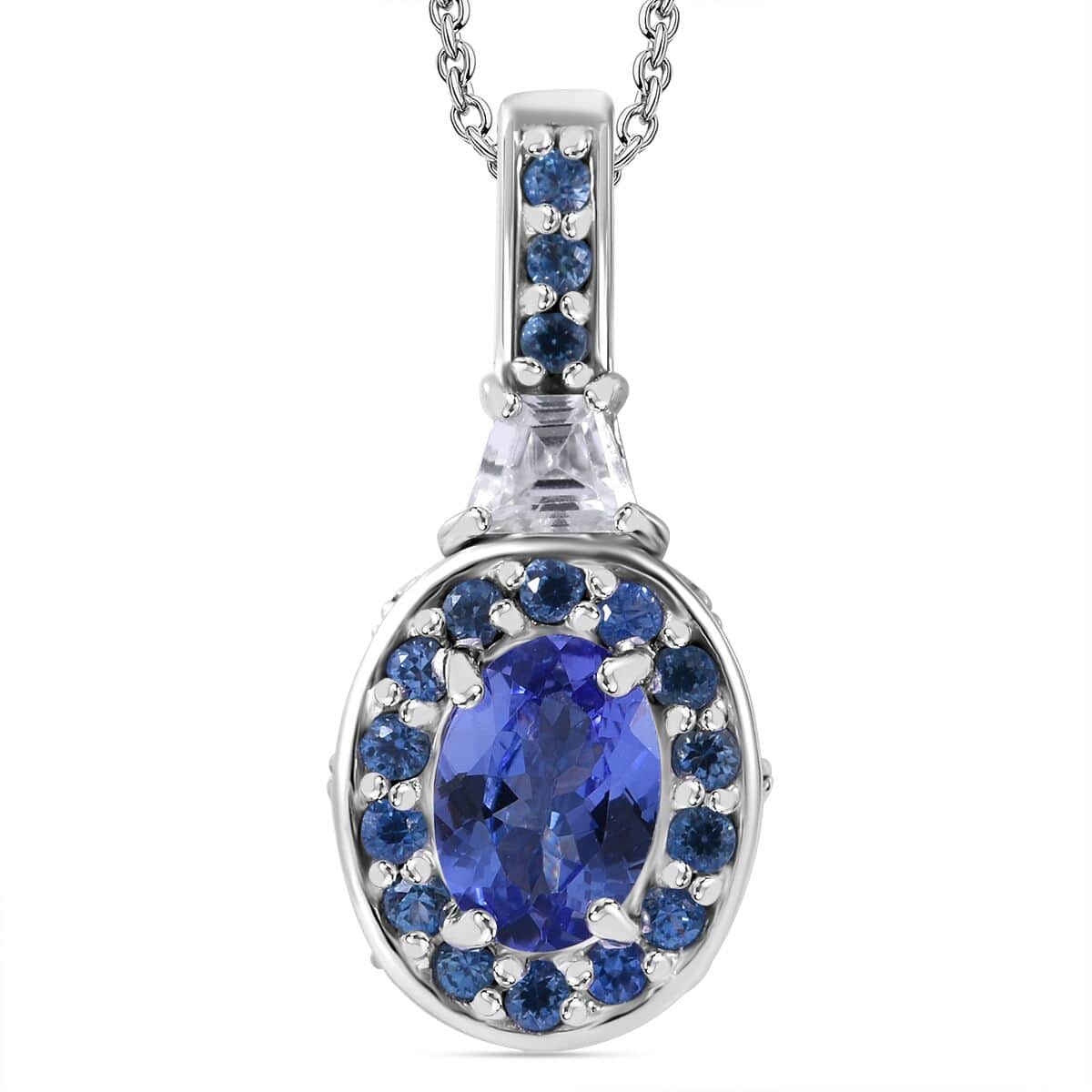 TLV Tanzanite, Multi Gemstone Halo Pendant Necklace (20 Inches) in Rhodium Over Sterling Silver 1.50 ctw image number 0