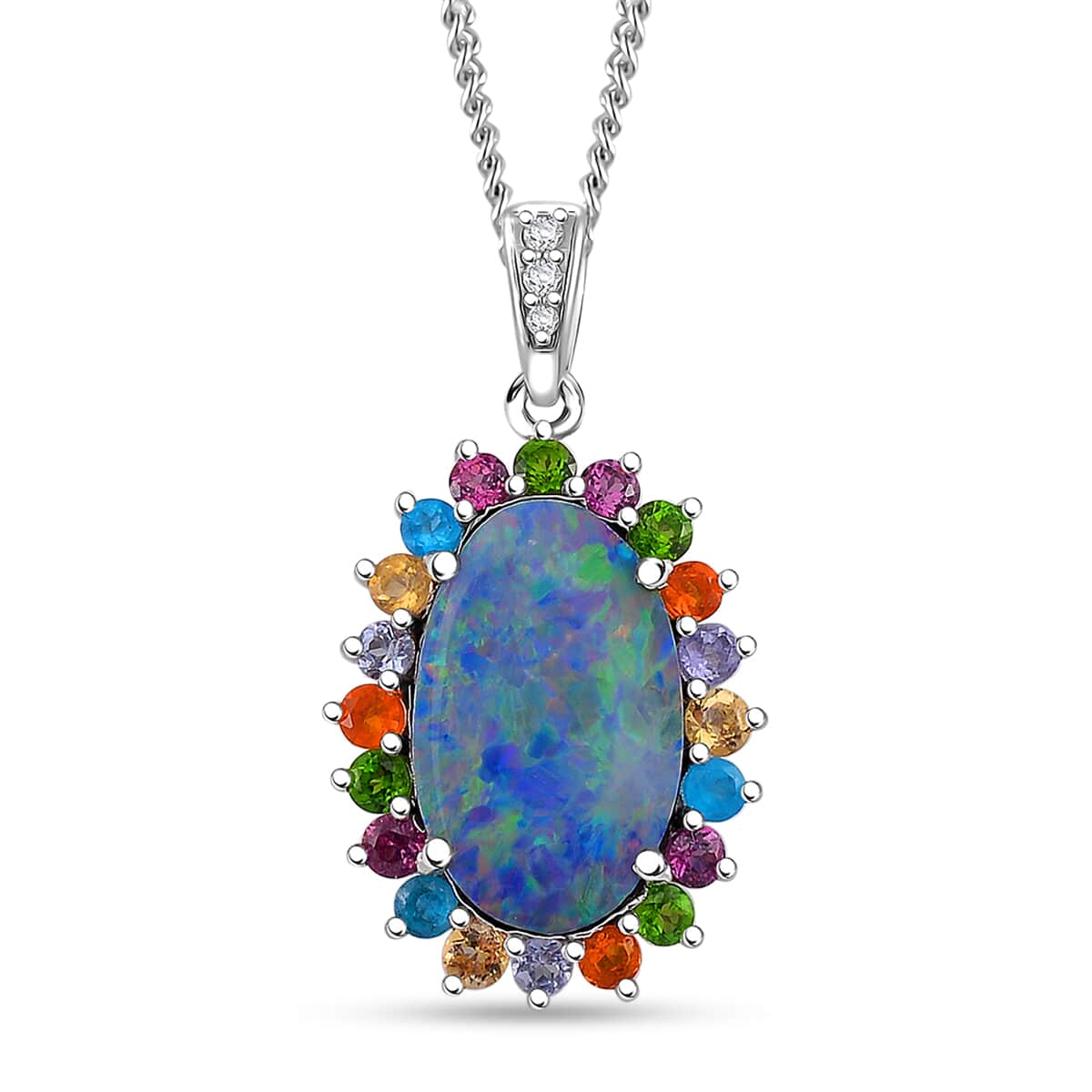 AAA Boulder Opal Doublet and Multi Gemstone 3.80 ctw Ocean Radiance Pendant Necklace in Platinum and Rhodium Over Sterling Silver 20 Inches image number 0