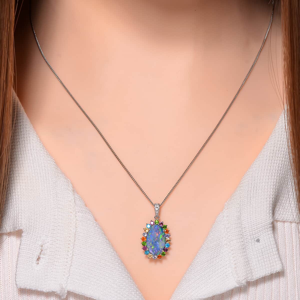 AAA Boulder Opal Doublet and Multi Gemstone 3.80 ctw Ocean Radiance Pendant Necklace in Platinum and Rhodium Over Sterling Silver 20 Inches image number 1