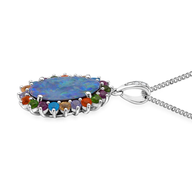AAA Boulder Opal Doublet and Multi Gemstone 3.80 ctw Ocean Radiance Pendant Necklace in Platinum and Rhodium Over Sterling Silver 20 Inches
