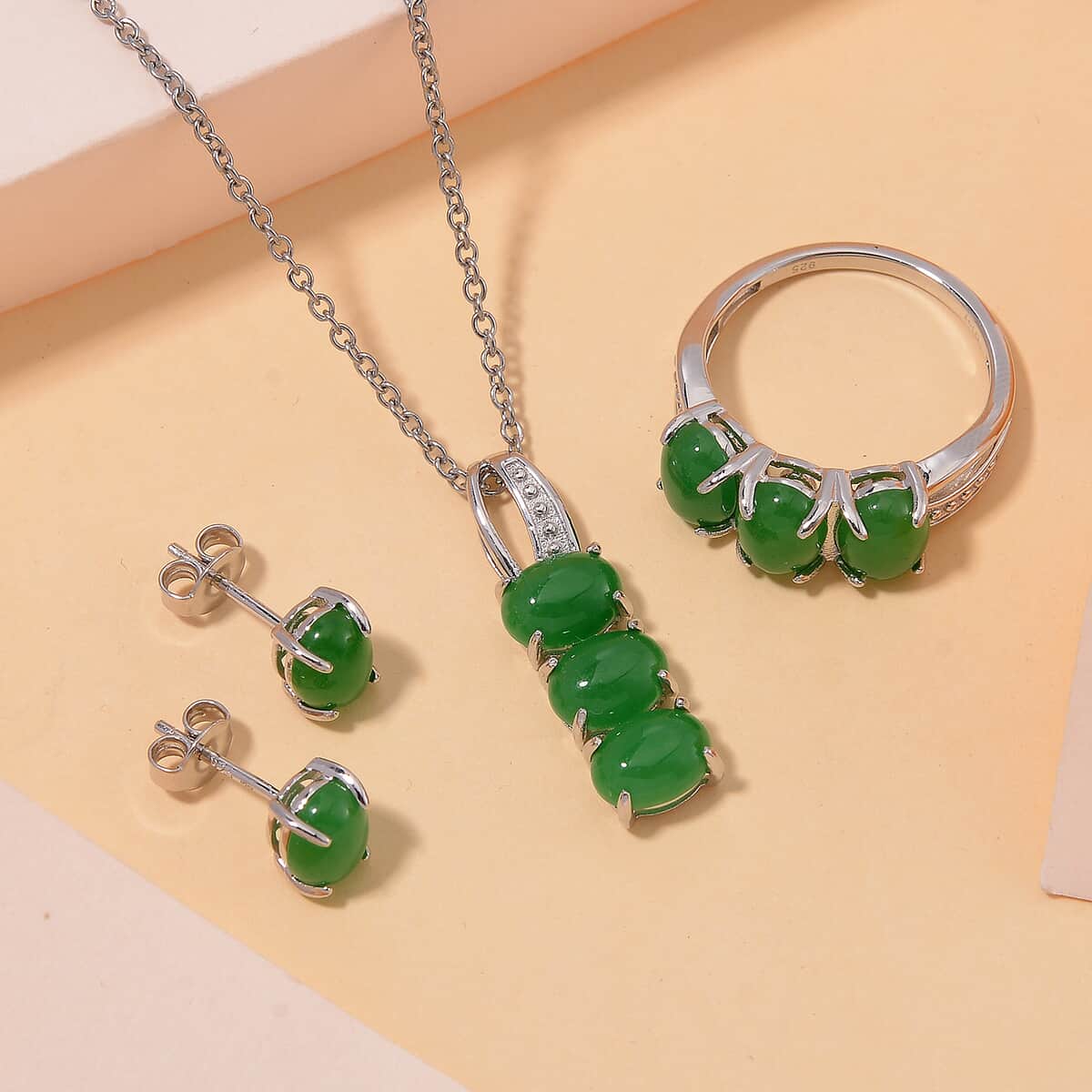 Doorbuster Green Jade (D) 12.50 ctw Stud Earrings, 3 Stone Ring (Size 5.0) and Pendant in Rhodium Over Sterling Silver with Stainless Steel Necklace 20 Inches image number 1