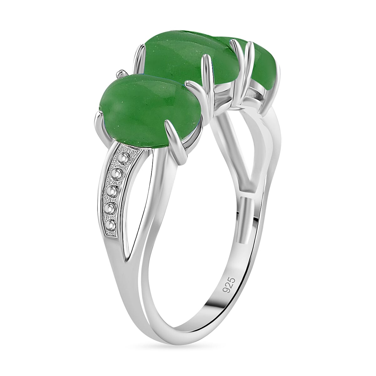Green Jade (D) 12.50 ctw Stud Earrings, 3 Stone Ring (Size 5.0) and Pendant in Rhodium Over Sterling Silver with Stainless Steel Necklace 20 Inches