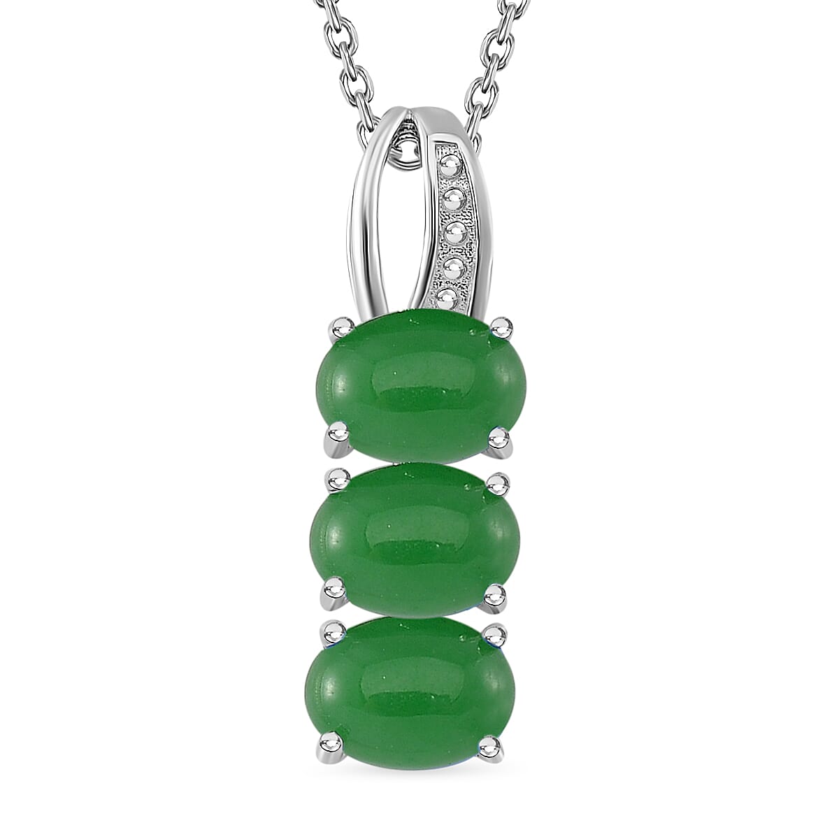 Green Jade (D) 12.50 ctw Stud Earrings, 3 Stone Ring (Size 5.0) and Pendant in Rhodium Over Sterling Silver with Stainless Steel Necklace 20 Inches