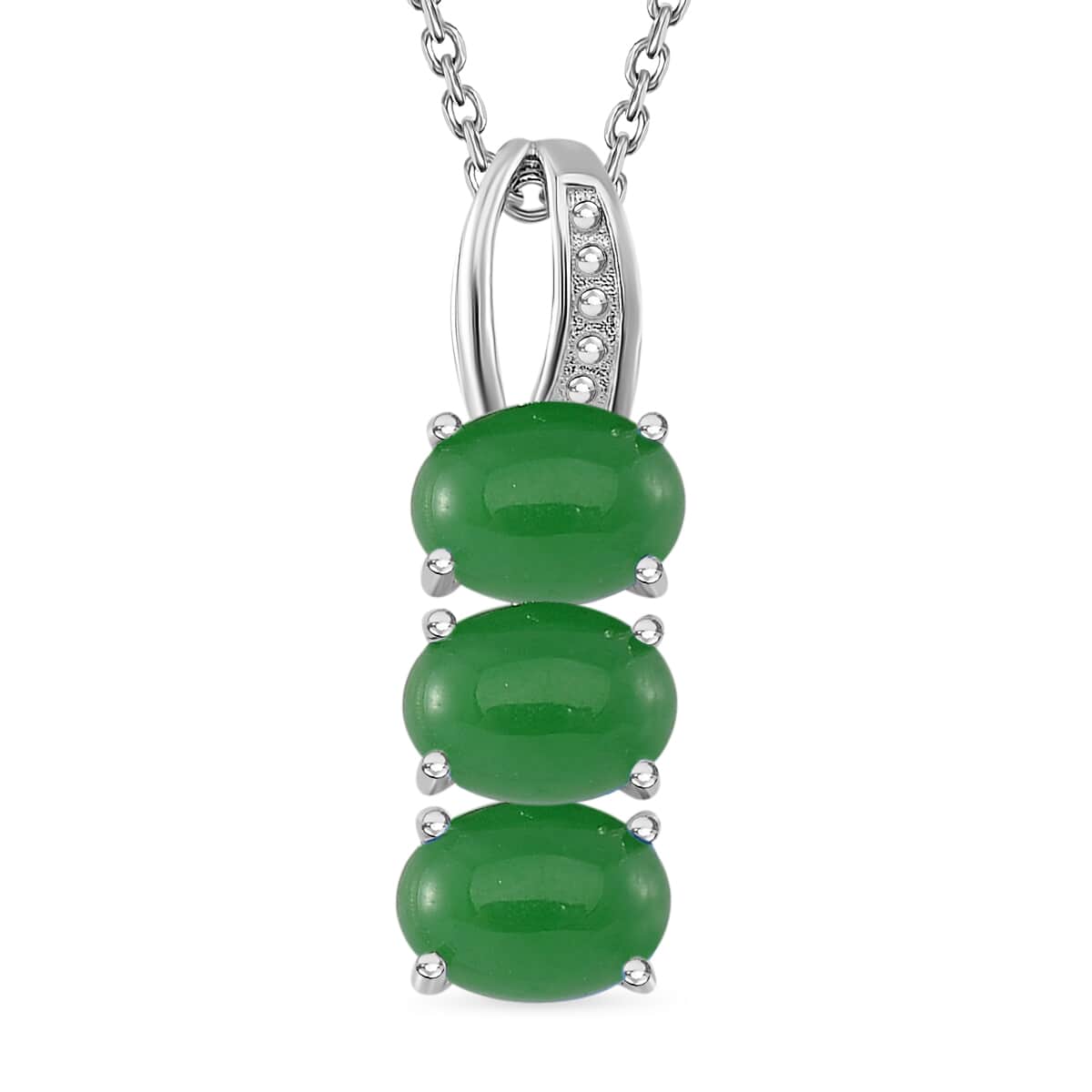 Doorbuster Green Jade (D) 12.50 ctw Stud Earrings, 3 Stone Ring (Size 5.0) and Pendant in Rhodium Over Sterling Silver with Stainless Steel Necklace 20 Inches image number 5