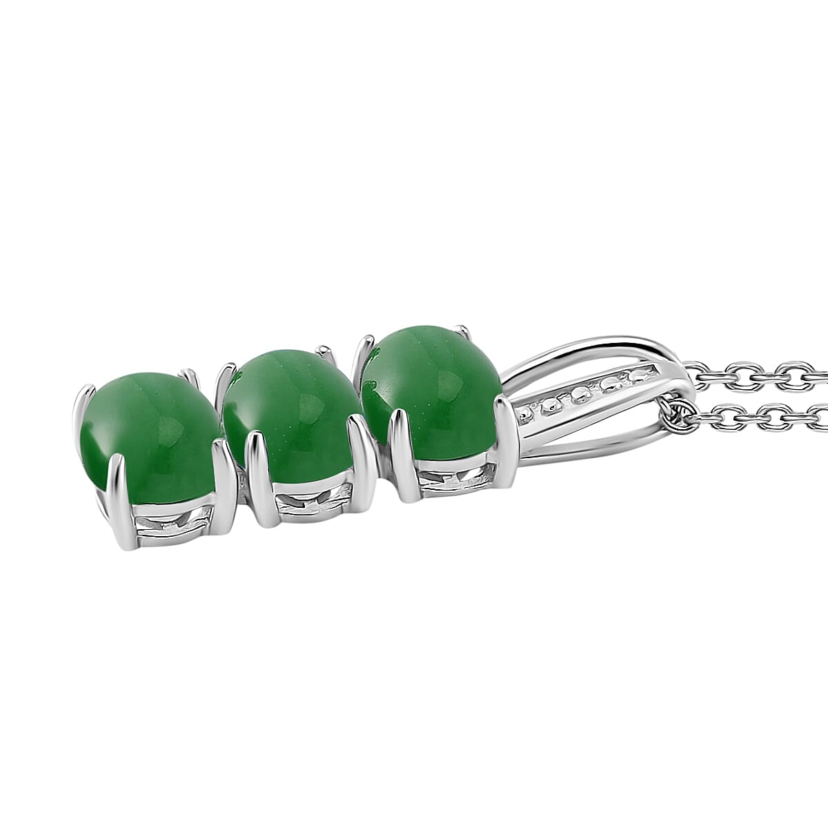 Green Jade (D) 12.50 ctw Stud Earrings, 3 Stone Ring (Size 5.0) and Pendant in Rhodium Over Sterling Silver with Stainless Steel Necklace 20 Inches