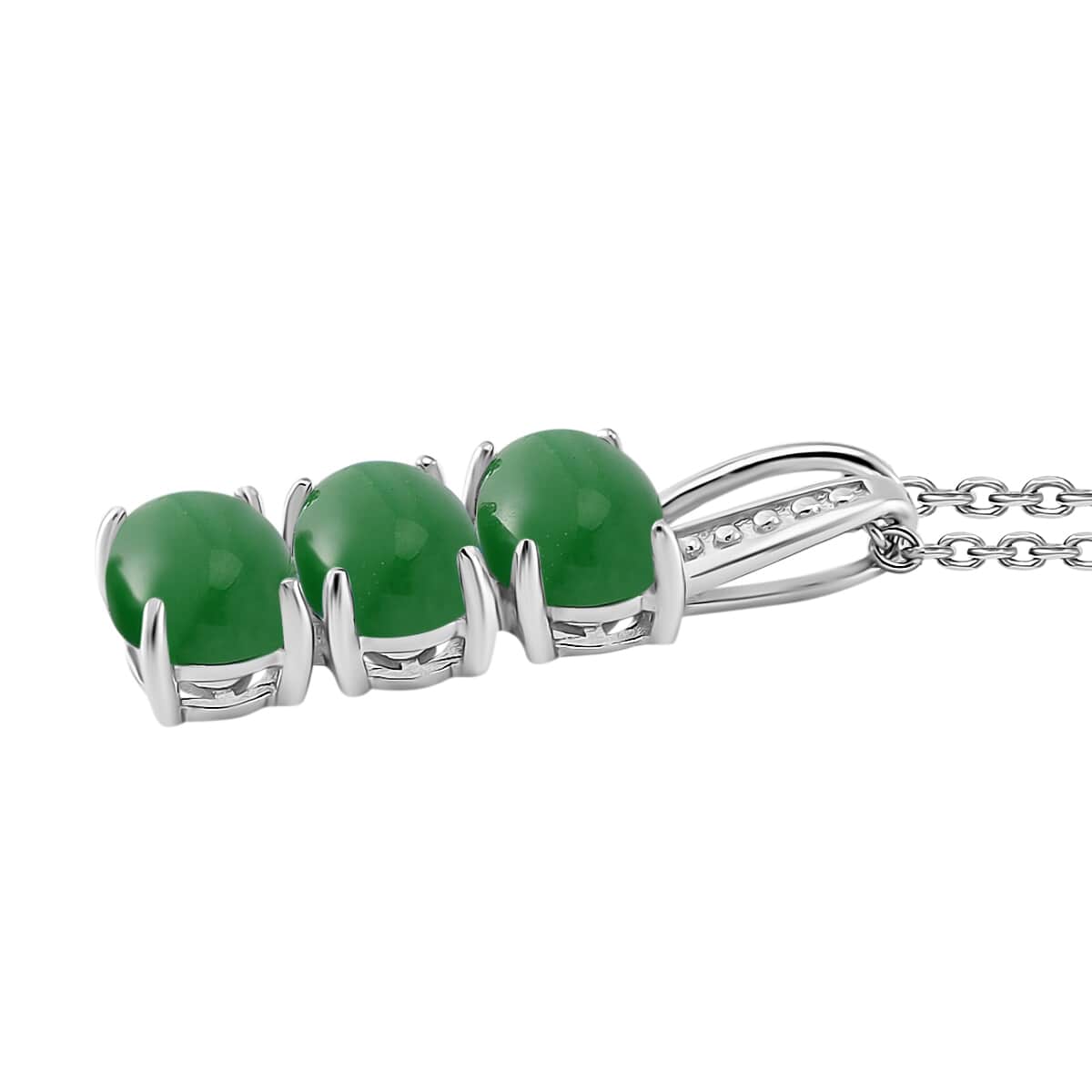 Doorbuster Green Jade (D) 12.50 ctw Stud Earrings, 3 Stone Ring (Size 5.0) and Pendant in Rhodium Over Sterling Silver with Stainless Steel Necklace 20 Inches image number 6