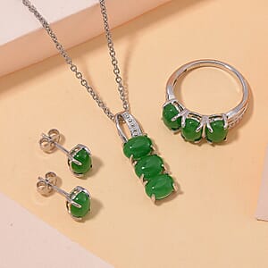 Green Jade (D) 12.50 ctw Stud Earrings, 3 Stone Ring (Size 6.0) and Pendant in Rhodium Over Sterling Silver with Stainless Steel Necklace 20 Inches