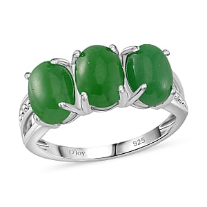 Green Jade (D) 12.50 ctw Stud Earrings, 3 Stone Ring (Size 6.0) and Pendant in Rhodium Over Sterling Silver with Stainless Steel Necklace 20 Inches