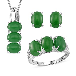 Green Jade (D) 12.50 ctw Stud Earrings, 3 Stone Ring (Size 8.0) and Pendant in Rhodium Over Sterling Silver with Stainless Steel Necklace 20 Inches