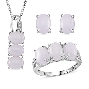 Natural Jade 12.80 ctw Stud Earrings, 3 Stone Ring (Size 6.0) and Pendant in Rhodium Over Sterling Silver with Stainless Steel Necklace 20 Inches