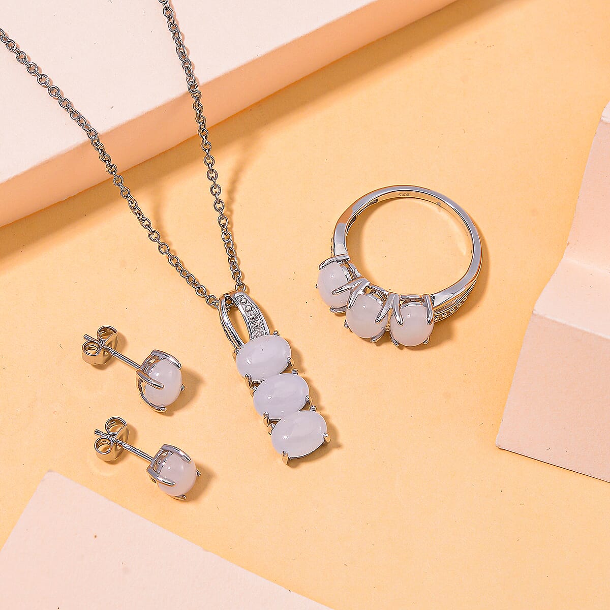 Natural Jade 12.80 ctw Stud Earrings, 3 Stone Ring (Size 6.0) and Pendant in Rhodium Over Sterling Silver with Stainless Steel Necklace 20 Inches image number 1