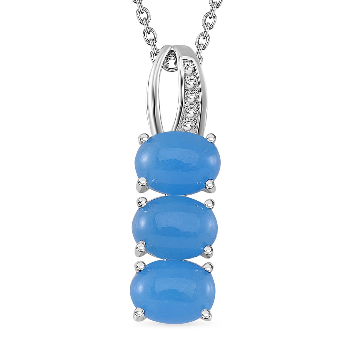 Blue Jade (D) 12.25 ctw Stud Earrings, 3 Stone Ring (Size 6.0) and Pendant in Rhodium Over Sterling Silver with Stainless Steel Necklace 20 Inches image number 5
