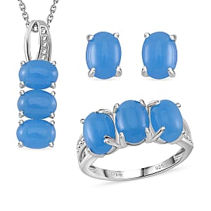 Blue Jade (D) 12.25 ctw Stud Earrings, 3 Stone Ring (Size 7.0) and Pendant in Rhodium Over Sterling Silver with Stainless Steel Necklace 20 Inches