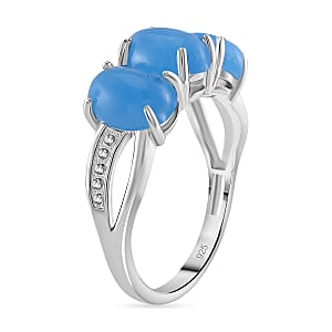 Blue Jade (D) 12.25 ctw Stud Earrings, 3 Stone Ring (Size 7.0) and Pendant in Rhodium Over Sterling Silver with Stainless Steel Necklace 20 Inches