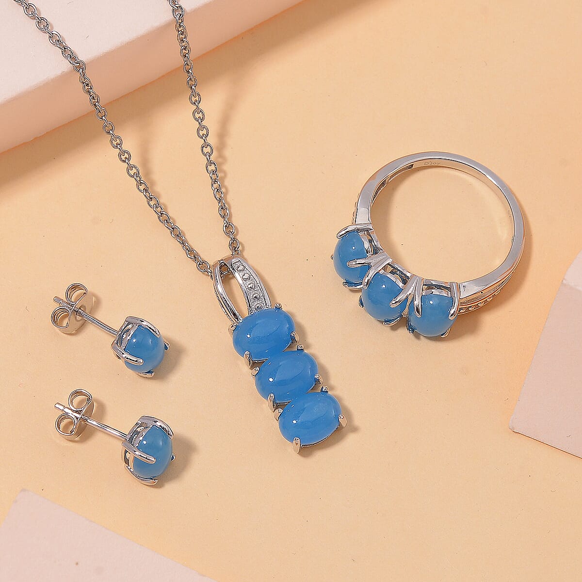 Blue Jade (D) 12.25 ctw Stud Earrings, 3 Stone Ring (Size 8.0) and Pendant in Rhodium Over Sterling Silver with Stainless Steel Necklace 20 Inches image number 1