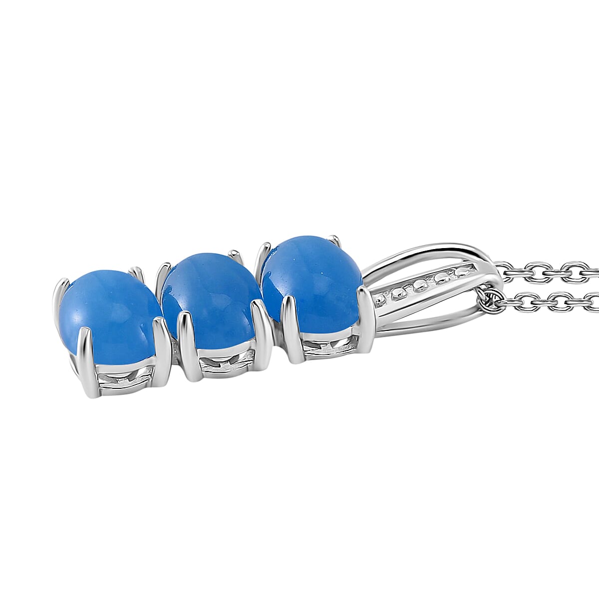 Blue Jade (D) 12.25 ctw Stud Earrings, 3 Stone Ring (Size 8.0) and Pendant in Rhodium Over Sterling Silver with Stainless Steel Necklace 20 Inches image number 6
