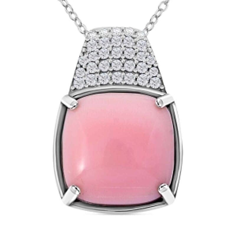 Natural Pink Queen Conch Shell and White Zircon Pendant 6.68 ctw Necklace in Rhodium Over Sterling Silver 20 Inches