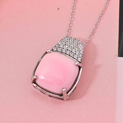 Natural Pink Queen Conch Shell and White Zircon Pendant 6.68 ctw Necklace in Rhodium Over Sterling Silver 20 Inches