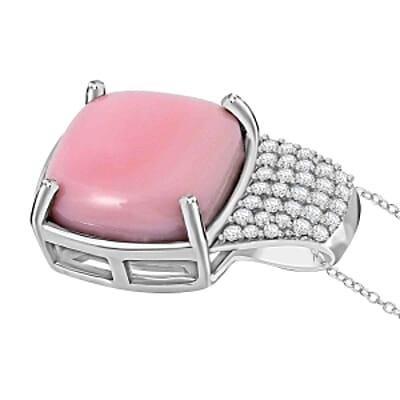 Natural Pink Queen Conch Shell and White Zircon Pendant 6.68 ctw Necklace in Rhodium Over Sterling Silver 20 Inches