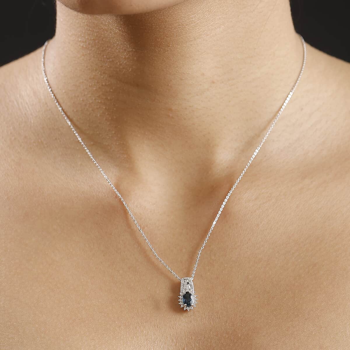 Premium Monte Belo Indicolite and White Zircon 1.00 ctw Pendant Necklace in Rhodium Over Sterling Silver 20 Inches image number 2