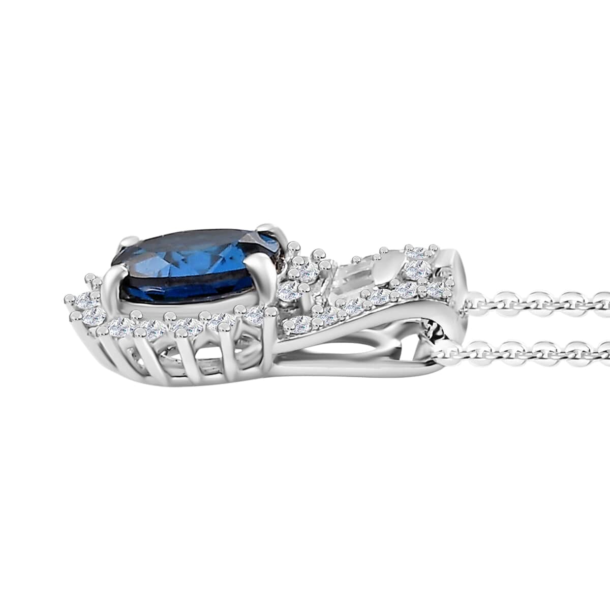 Premium Monte Belo Indicolite and White Zircon 1.00 ctw Pendant Necklace in Rhodium Over Sterling Silver 20 Inches image number 3