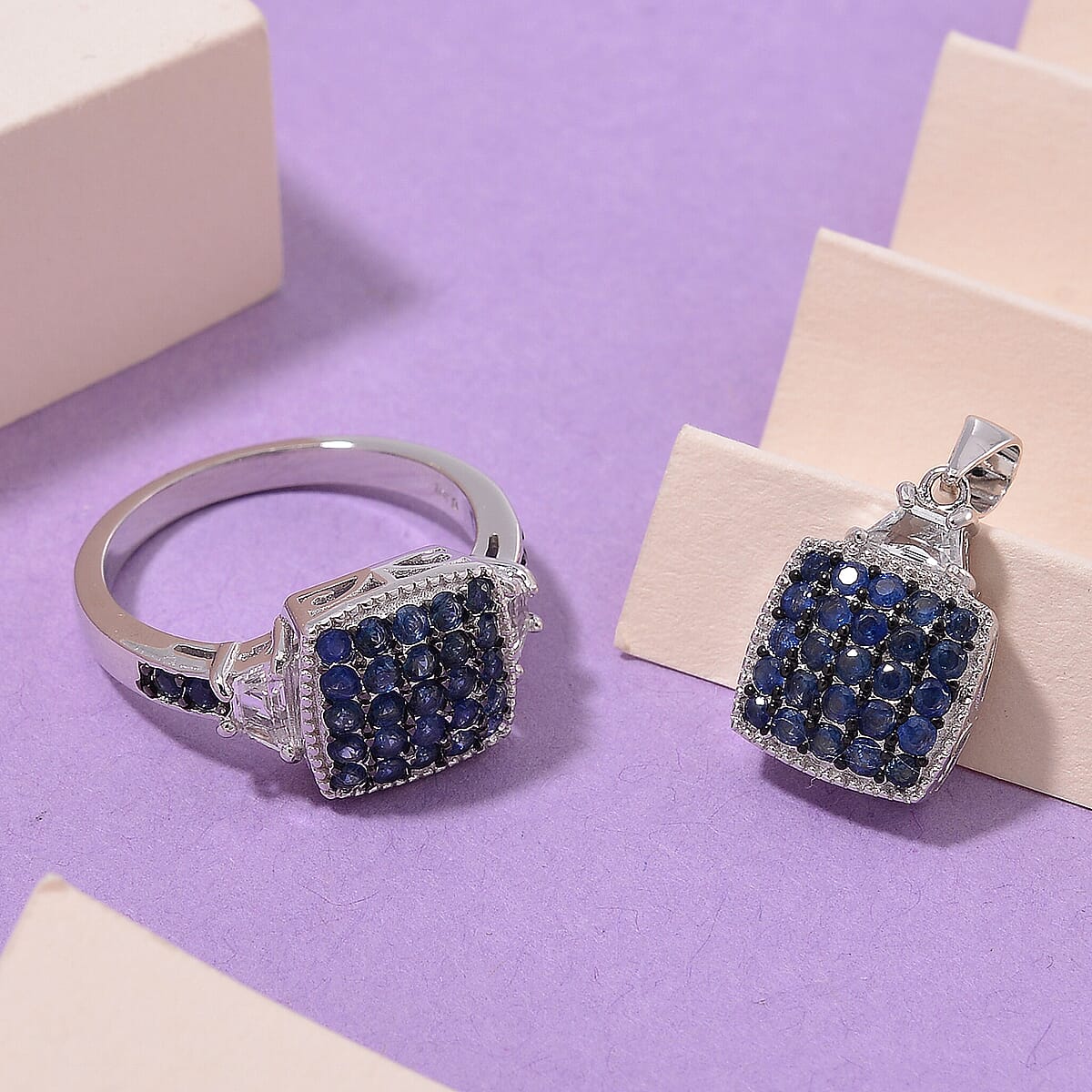 Kanchanaburi Blue Sapphire and White Topaz 2.00 ctw Cocktail Pendant and Ring (Size 6.0) in Rhodium Over Sterling Silver image number 1